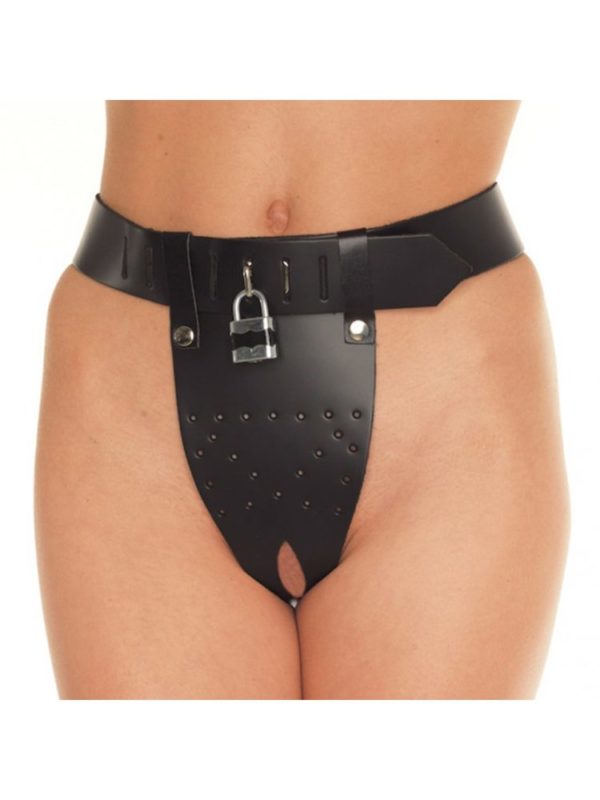 Rimba Chastity Belt with Two Holes In Crotch Padlock Included Kožený pás cudnosti pro ženy Velikost M/L - M-L