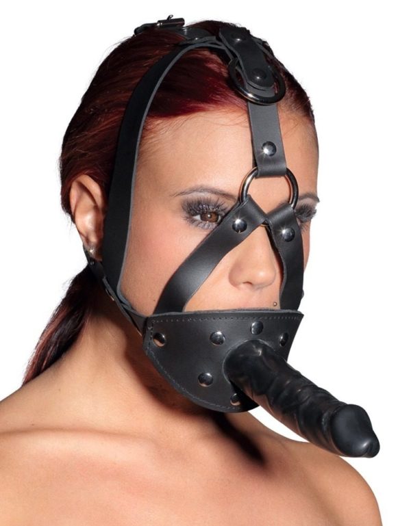 ZADO Leather Head Harness with Dildo